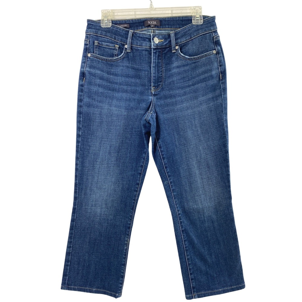 NYDJ Jeans Women Size 6 Marilyn Straight Blue Lift Tuck Stretch Denim Distressed